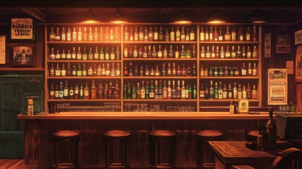 Cozy and Inviting Bar Interior with Vintage Decor and a Well-Stocked Bottle Collection in a Warmly Lit Atmosphere Perfect for Relaxation and Socializing