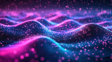A glowing futuristic background with gradient patterns transitioning from vibrant teal to deep magenta. Subtle digital textures and sparkling particles enhance the modern aesthetic. Perfect 