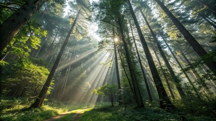 Obraz premium Sunlight filtering through the forest canopy creates a unique and captivating visual effect, forest highlights, tree leaves, outdoor photography, natural beauty, nature imagery