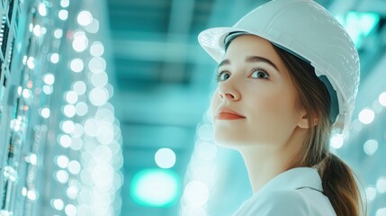 Engineer woman with helmet in glowing data center light