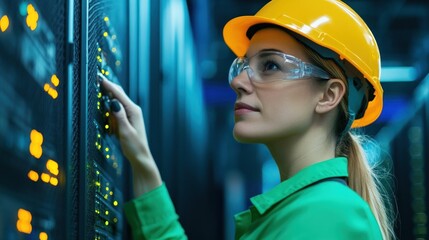 Engineer in data center checking server equipment