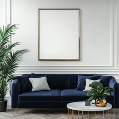 Modern Living Room with Empty Blank Poster Frame, Navy Blue Velvet Sofa, and Brass Details