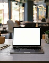 mock up of laptop computer with blank white screen background of open plan modern office 