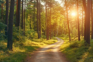 Obraz premium Sunlit Path Through Lush Green Forest Trees
