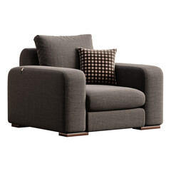 A gray chair with a brown and black pillow on it