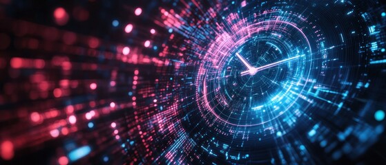 Obraz premium Abstract digital clock with vibrant blue and pink light trails representing time and technology.