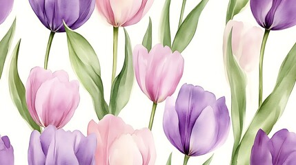 Elegant seamless pattern of watercolor tulips, soft pastel hues, baby pink and lavender petals, airy and delicate green leaves, loose brush strokes, hand-painted texture, natural flow,