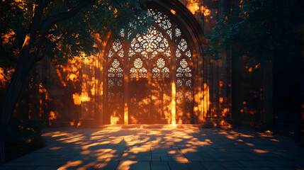 Fototapeta premium Illustration - Gothic Cathedral Entrance at Golden Hour