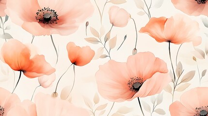 Naklejka premium Light and airy seamless pattern of pastel poppies, watercolor textures in soft pinks and light orange, delicate leaves, hand-drawn style, intricate floral details, flowing and elegant,