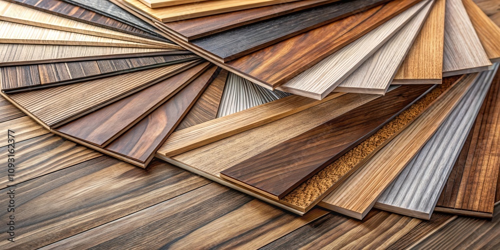 Poster a variety of wood veneer samples arranged in a fan shape showcasing different textures and colors