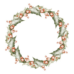 Christmas watercolor wreath with Holly berries and leaves. Hand drawn Illustration of circular Frame on isolated background. Botanical border for  holiday invitations and Xmas greeting cards.