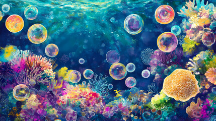 Vibrant coral reef abstract: dive into a whimsical underwater world bursting with color and life, perfect for summery, tropical, and playful designs. Underwater Bubble Worlds. Illustration