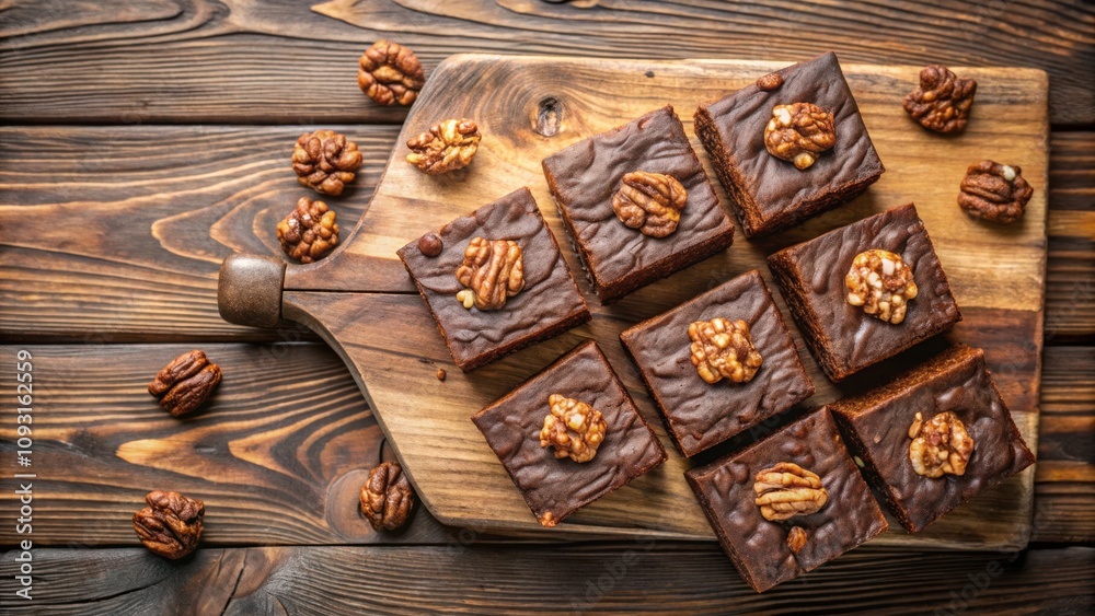 Poster A delectable array of chocolate brownies with pecans, resting on a rustic wooden cutting board, inviting a delightful indulgence
