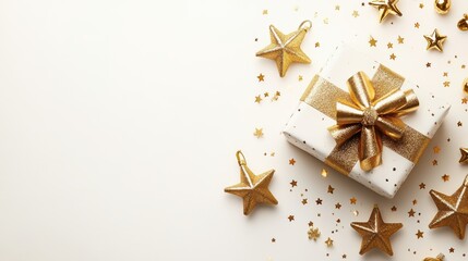 Festive Gift Wrapped with Gold Bow on Isolated Background