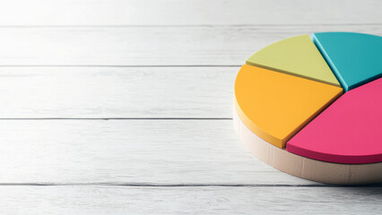 Fototapeta premium Market value in the stocks marketplace concept. A colorful pie chart on a wooden surface, representing data visualization and analysis.