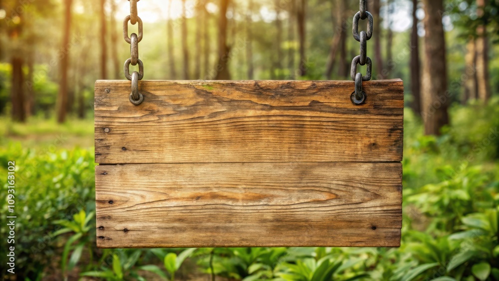 Poster wooden sign hanging on chains in a forest setting with blurred foliage in the background