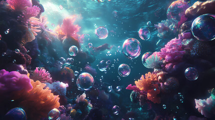 Fototapeta premium Otherworldly underwater world, showcasing a blend of reality and fantasy, where luminous creatures swim among swirling bubbles and vibrant corals. Underwater Bubble Worlds. Illustration