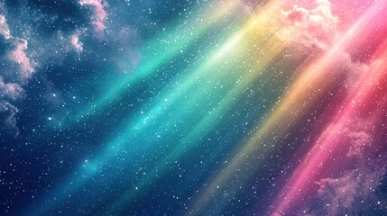 Fototapeta premium A vibrant cosmic background featuring radiant aurora streaks in vivid pink, green, and blue over a starry sky. The soft gradients create a magical and expansive feel. Perfect for celestial-inspired 