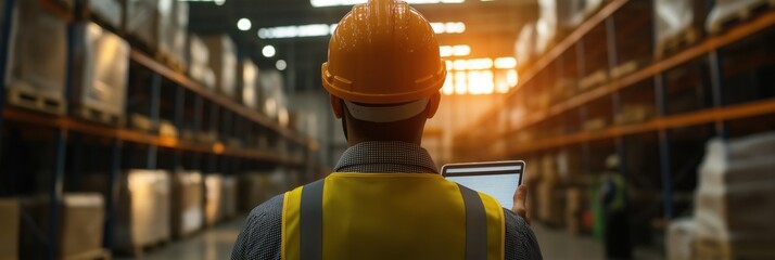 A warehouse worker in a safety helmet checks inventory on a tablet, backlit by sunlight, highlighting the importance of technology and efficiency in modern logistics.