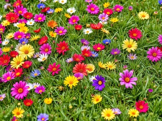 Obraz premium Vibrant colored flowers scattered on a green grass field, floral arrangement, vibrant hues