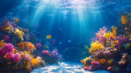 Obraz premium Blue ocean underwater world with soft sunlight streaming through the surface above