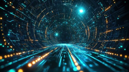 An abstract futuristic background with glowing circuit patterns in neon green and blue. The sharp lines and dynamic lights evoke innovation and technology. Sleek and modern for tech-focused 