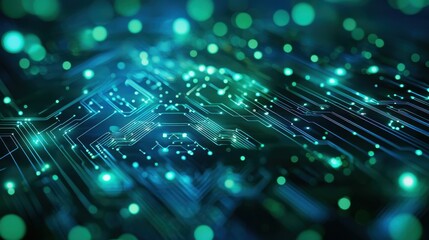 An abstract futuristic background with glowing circuit patterns in neon green and blue. The sharp lines and dynamic lights evoke innovation and technology. Sleek and modern for tech-focused 