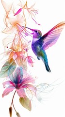 A colorful hummingbird hovering near vibrant flowers in a whimsical, artistic style.