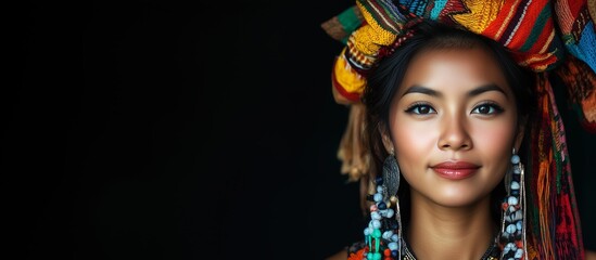 Ethnic philippine woman, dark solid background with free space for text, copy space