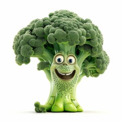 A cheerful cartoon broccoli character with big eyes and a smiling face.