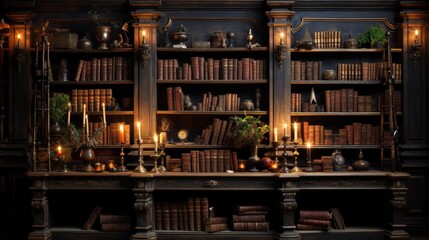A large bookcase filled with books and candles