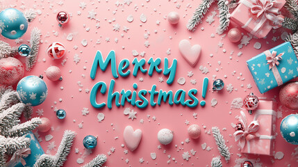 Text Happy New Year and Merry Christmas, banner, copy space, pink theme