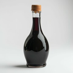 A dark glass bottle with a cork stopper, containing a rich liquid, set against a plain background.