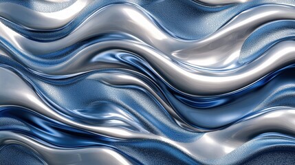 An abstract metallic wave background with shimmering silver and royal blue highlights. The dynamic motion and luxurious textures feel modern and sophisticated. Ideal for contemporary and high-impact 