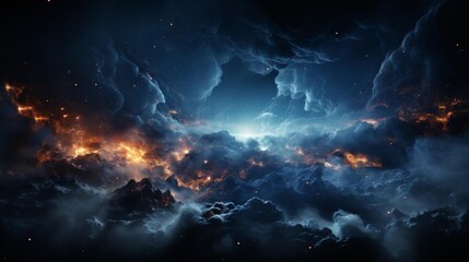 A dark sky with a bright blue cloud in the middle