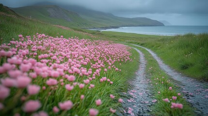 Obraz premium A serene coastal path lined with vibrant pink flowers under a cloudy sky.