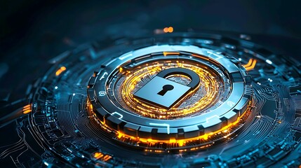 anti tracking, anonymity. A futuristic lock symbol surrounded by glowing circuitry, representing digital security and technology in a cyber environment.