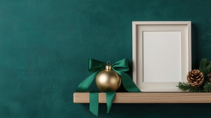A festive shelf featuring a blank frame, a gold ornament, and a pine cone, set against a deep green wall, perfect for holiday decorations.