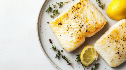 Fried Fish Fillets on Plate with Garnish and Lemon