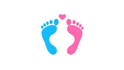 Foot prints icon. Pink and blue baby footprints icon with heart shape, isolated on white background. Vector illustration. Generative AI
