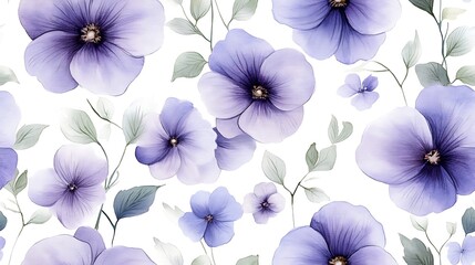 Seamless floral pattern with watercolor pastel violets, soft lavender hues, delicate muted green leaves, loose hand-drawn style, intricate details, airy and elegant composition, natural textures,