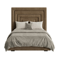 A bed with a brown headboard and a white pillow