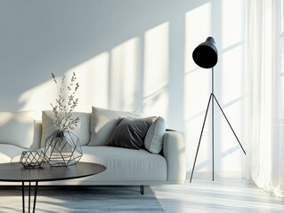 Modern Living Room with Minimalist Decor, Oversized Black Floor Lamp, Grey Sofa, Sleek Coffee Table, and Geometric Glass Vase