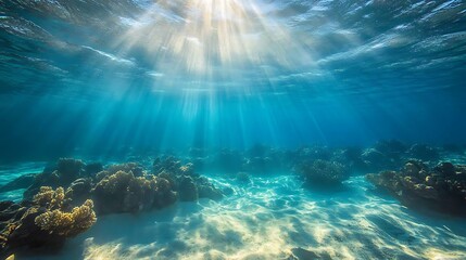 Obraz premium Peaceful underwater view with sunlight casting soft beams through the ocean blue water