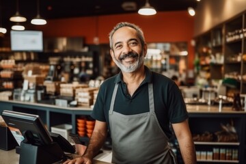 Portrait of a middle aged Hispanic cashier