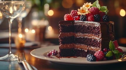 Decadent Layered Chocolate Cake with Fresh Berries and Edible Flowers in Lavish Dining Setting