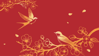 Elegant cherry blossom branch vector with golden swallow on red background