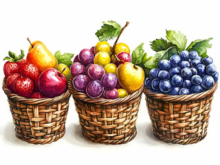 Illustration of Strawberries, Grapes, Apples, Pears in Wicker Baskets
