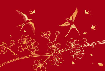Elegant cherry blossom branch vector with golden swallow bird on red background