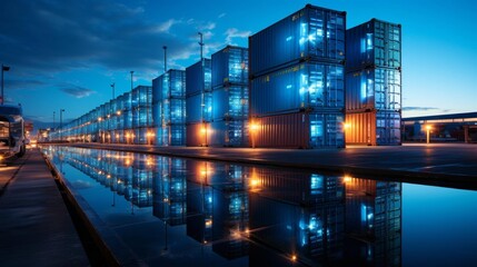 A large number of blue shipping containers are lined up in a row